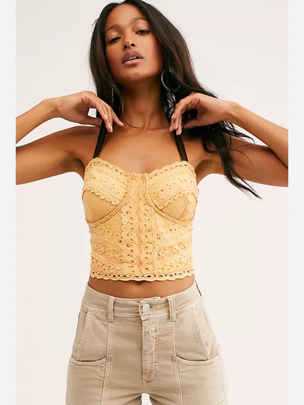 Free People Macaroon Bustier size L. Peach lace w/brown straps. Very nice!